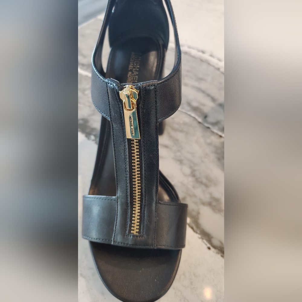 Michael Kors Black Leather Zip-Front Platform Sandals - Picture 4 of 8